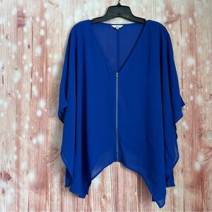 Norah Cobalt Blue Batwing Cape Sleeve Sheer Zip Front Blouse Size M